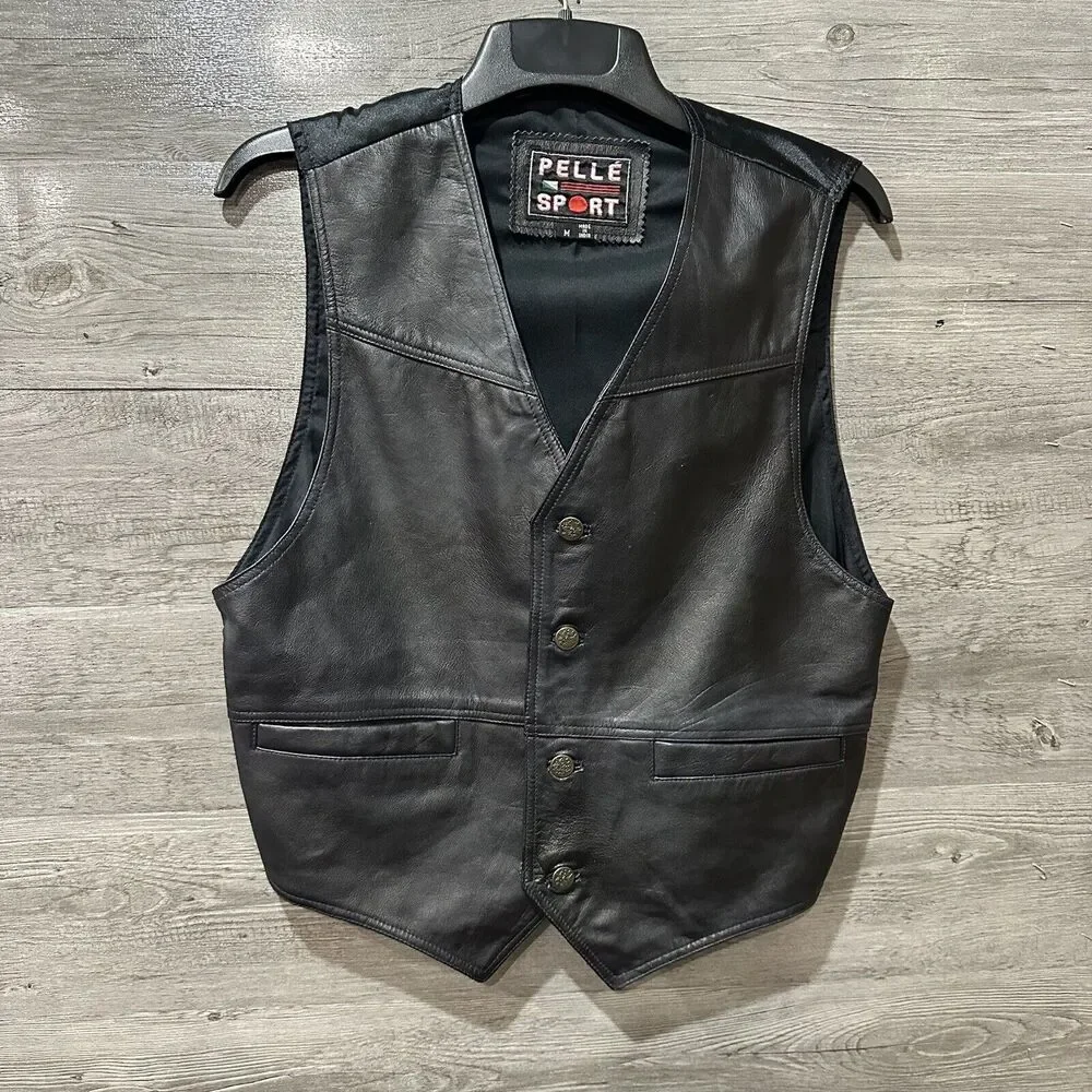 Vintage Pelle Sport Western Leather Vest Black 4 Button Leather Size Medium